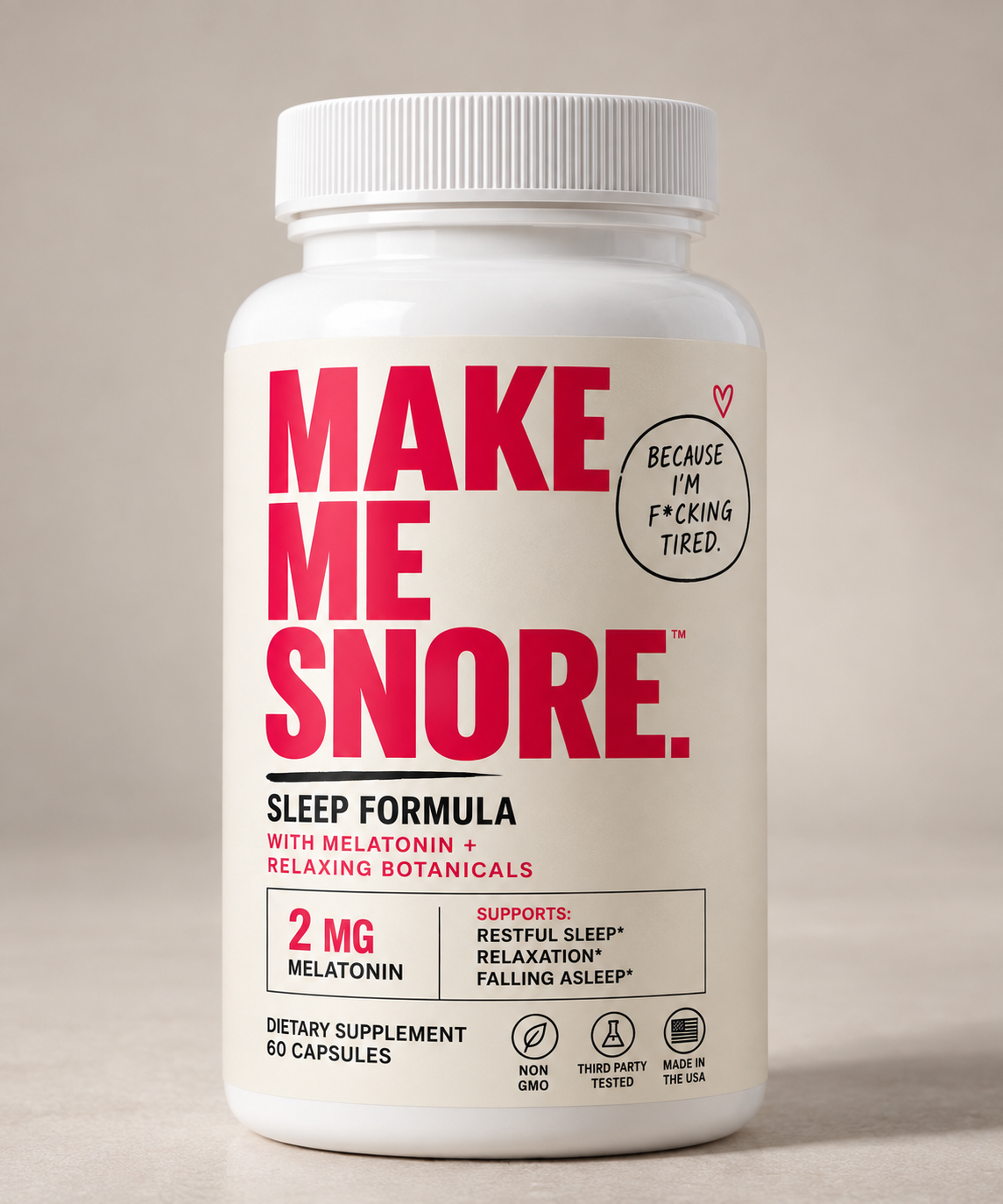 Make Me Snore Sleep Formula bottle, 90 capsules with 2 mg melatonin