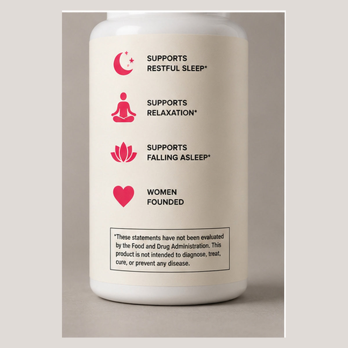 Bottle panel listing supports restful sleep, relaxation, falling asleep, women founded