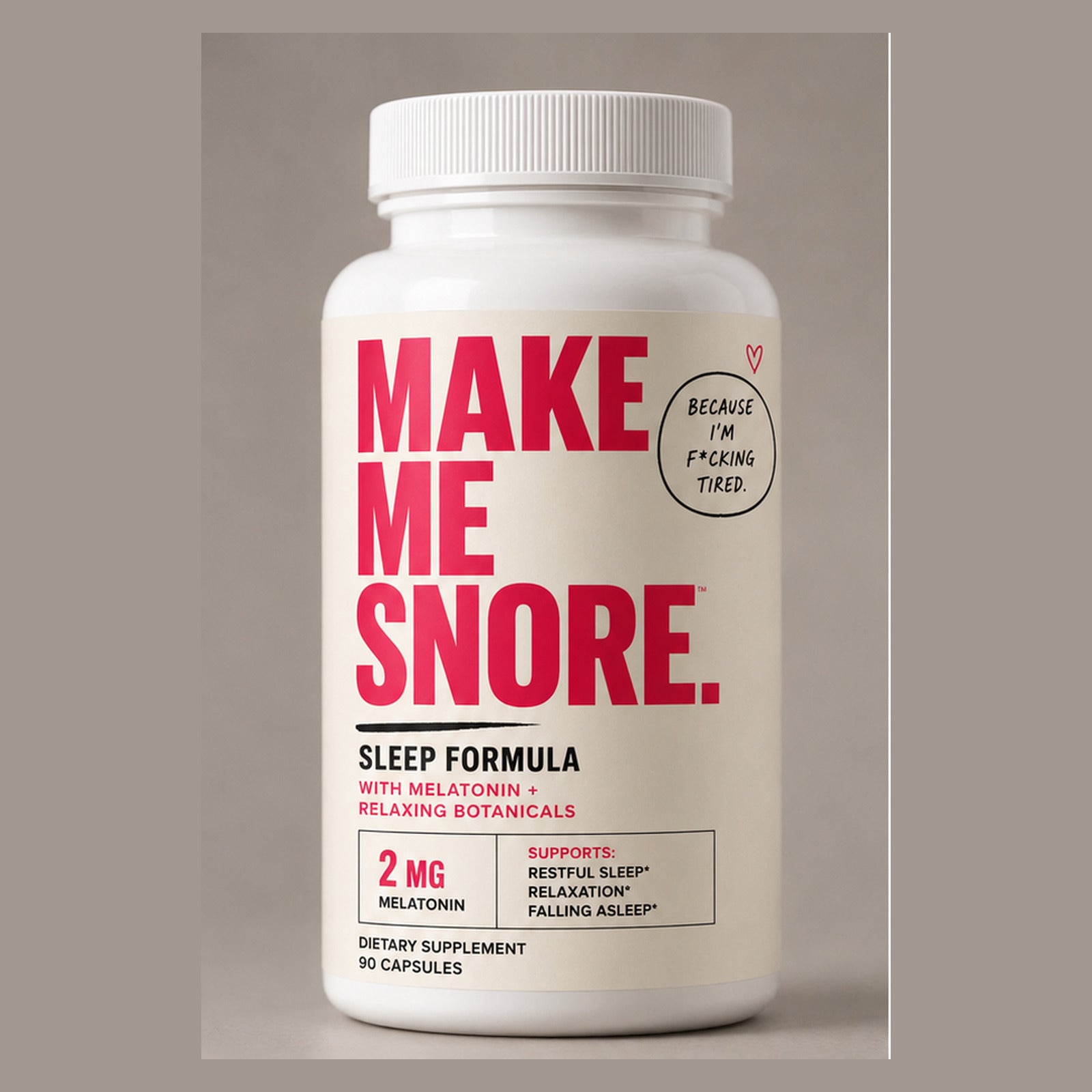 Make Me Snore Sleep Formula bottle, 60 capsules, 2 mg melatonin with relaxing botanicals